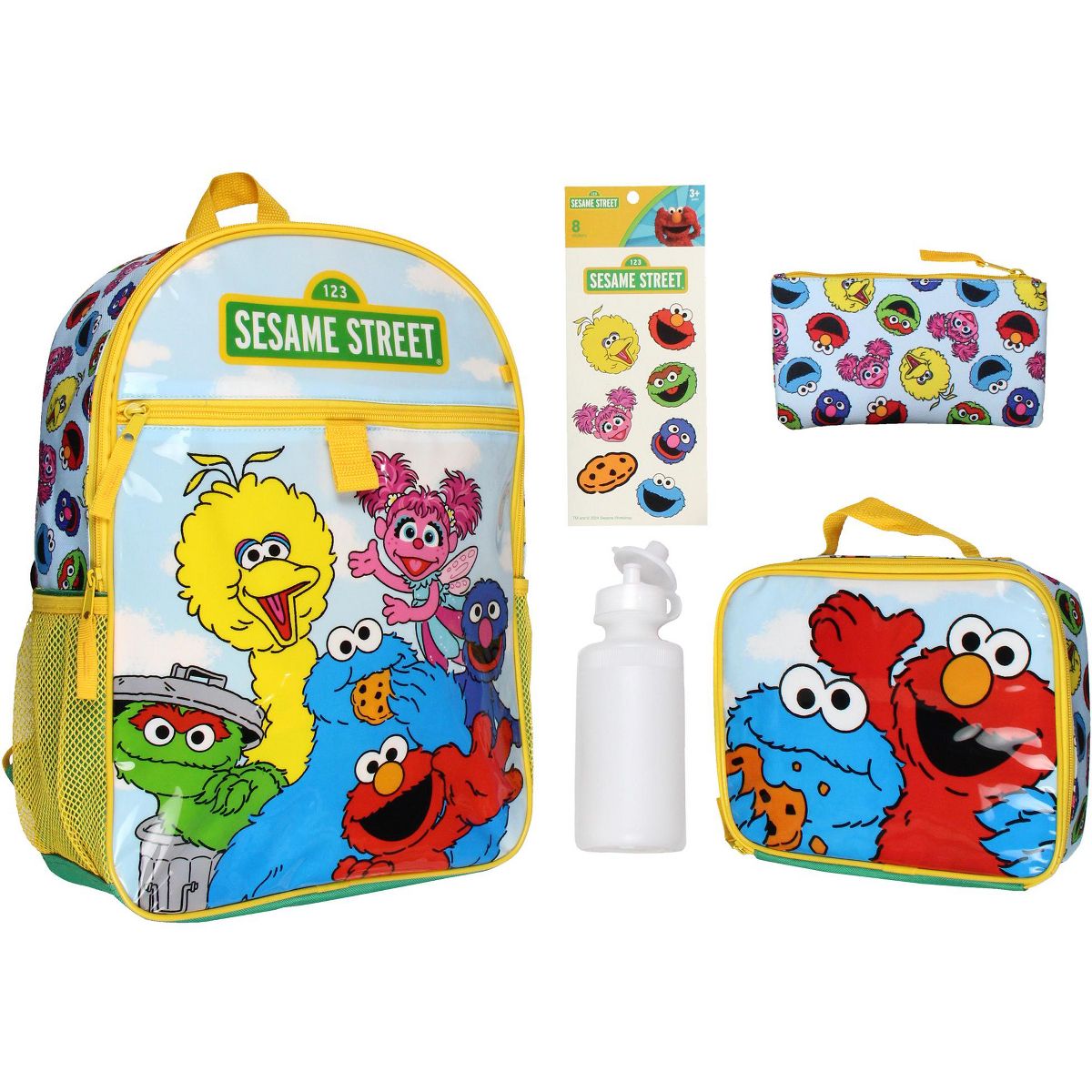Sesame Street Backpack Big Bird Oscar Elmo 5-Piece Lunchbox Pencil Case Water Bottle Stickers School Travel Book Bag
