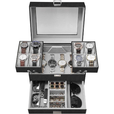 Watch Case for Men, 8 Slot Watch Display Case, 3 Layers Large Sunglass Storage Organize