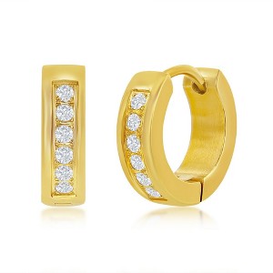 Metallo Stainless Steel 13mm Huggie Hoop Single Row CZ Earrings - Black Plated - Available Colors: Black, Gold, Silver, Gold - 1 of 2