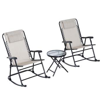Outsunny 3 Piece Outdoor Rocking Bistro Set, Patio Folding Chair Table Set with Glass Coffee Table for Yard, Patio, Deck, Backyard