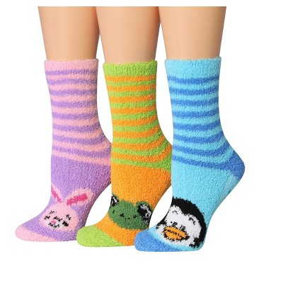 Tipi Toe Women's 3-Pairs Cozy Microfiber Anti-Skid Soft Animal Striped Patterned Fuzzy Crew Socks
