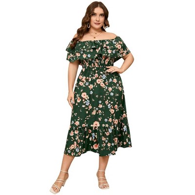 Women Plus Size Off Shoulder Maxi Dress Ruffle Flowy Casual Summer Boho Long Dresses