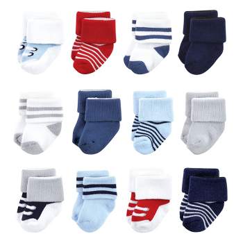 Luvable Friends Baby Boy Newborn and Baby Terry Socks, Red Navy Sneakers 12-Pack