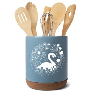 Elanze Designs 8 inch Floral Swan Large Ceramic Kitchen Utensil Holder Sky Blue and White Crock with Cork Base - 1 of 4