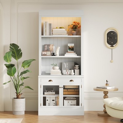 TiramisuBest 83.4" H Black Bookcase with LED Lighting, 2 Glass Doors & 1 Drawer, Modern Storage with Open Shelves for Living Room/Home Office/Bedroom