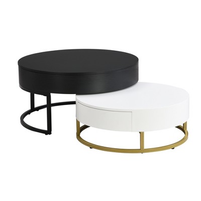 Vynxaria White & Black Round Lift-Top Coffee Tables ¨C 31.5" Nesting Set with 2 Drawers