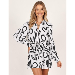 Coolmee Women US Striped V Neck Long Smocked Sleeve Waist Adjustable Tie Mini Dress - 1 of 4