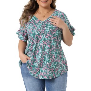 Women's Plus Size Floral V Neck Ruffle Sleeve Summer Casual Blouses - Agnes Orinda - 1 of 4