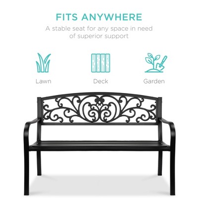 Black Steel Outdoor Bench with Floral Backrest, 52"