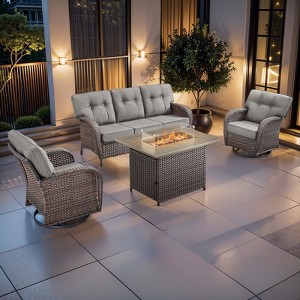 Buenhomino 4PCS PE Rattan Conversation Set with Outdoor Fire Table, Brown Wicker Swivel Patio Chairs with Sofa and Propane Fire Pit Table - 1 of 4