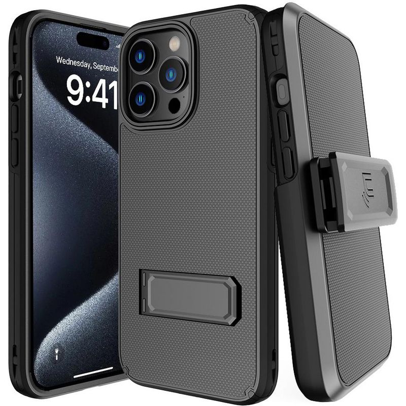 Nakedcellphone Combo for iPhone 15 Pro Max - Rugged Phone Cover with Stand and Belt Clip Holster, 1 of 11