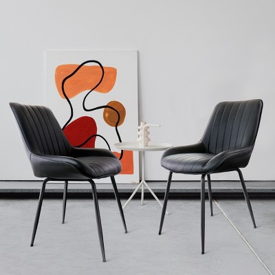 Black Faux Leather Tufted Arm Chair with Metal Legs, Set of 2