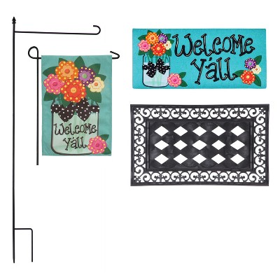 Welcome Y'all Burlap Garden Flag and Sassafras Mat Set (14B4181ECM+22001T+431272+43BM003)