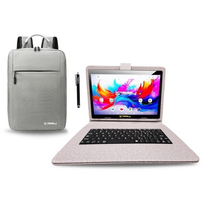 LINSAY® 10.1" Octa Core  256GB STORAGE Android 15 BUNDLE with PURPLE DESIGNER CLOTH KEYBOARD CASE and STYLISH COMPACT BACKPACK