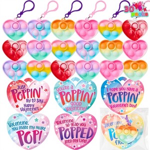 Joyfy 12/30 Packs Valentine’s Day Gift Card with Pop Keychain, Stress Relief Fidget Toys for Kids Valentine's Party Favors and Classroom Exchange Gift - 1 of 4