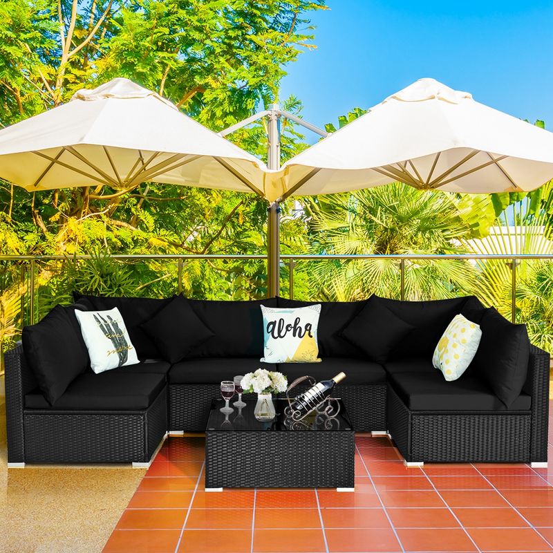 Costway 7PCS Patio Rattan Furniture Set Sectional Sofas Off White & Black Cushion Covers, 2 of 11