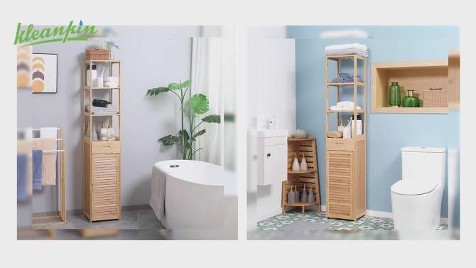 kleankin Tall Bathroom Cabinet with Drawer and Slatted Shelves, Slim Bamboo Linen Tower with Louvered Door, Natural, 2 of 8, play video