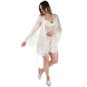 Memoi Women's Bell Sleeve Lace Robe with Eyelash Scalloped Hem - 1 of 4