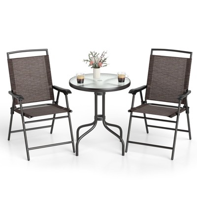 Tangkula 3 Pieces Bistro Set Outdoor Furniture Set w/Tempered Glass Table Umbrella Hole Quick-dry Fabric
