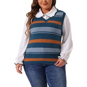 Agnes Orinda Women's Plus Size Sleeveless Casual V-Neck Striped Knit Sweater Vests - 1 of 4