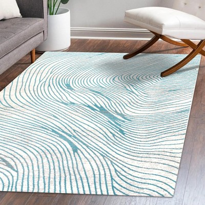Ivory and Blue Geometric Synthetic 5x8 Area Rug