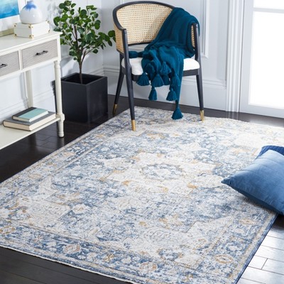 Ivory and Blue Rectangular Oriental Synthetic Area Rug 8' x 10'