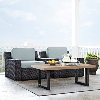 Beaufort Mist Cushioned 2-Person Outdoor Wicker Seating Set with Brown Polywood Table