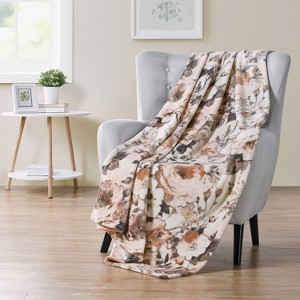 50"x70" Oversized Lucinda Plush Throw Blanket Neutral - VCNY Home: Cozy Year-Round Floral Pattern, Machine Washable - 1 of 3