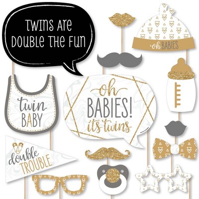 Big Dot of Happiness It's Twins - Gold Twins Baby Shower Photo Booth Props Kit - 20 Count