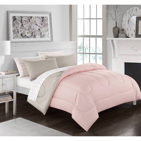 Blush Room Essentials 7 Piece Solid Bed-in-a-Bag Bedding Comforter Set Queen 