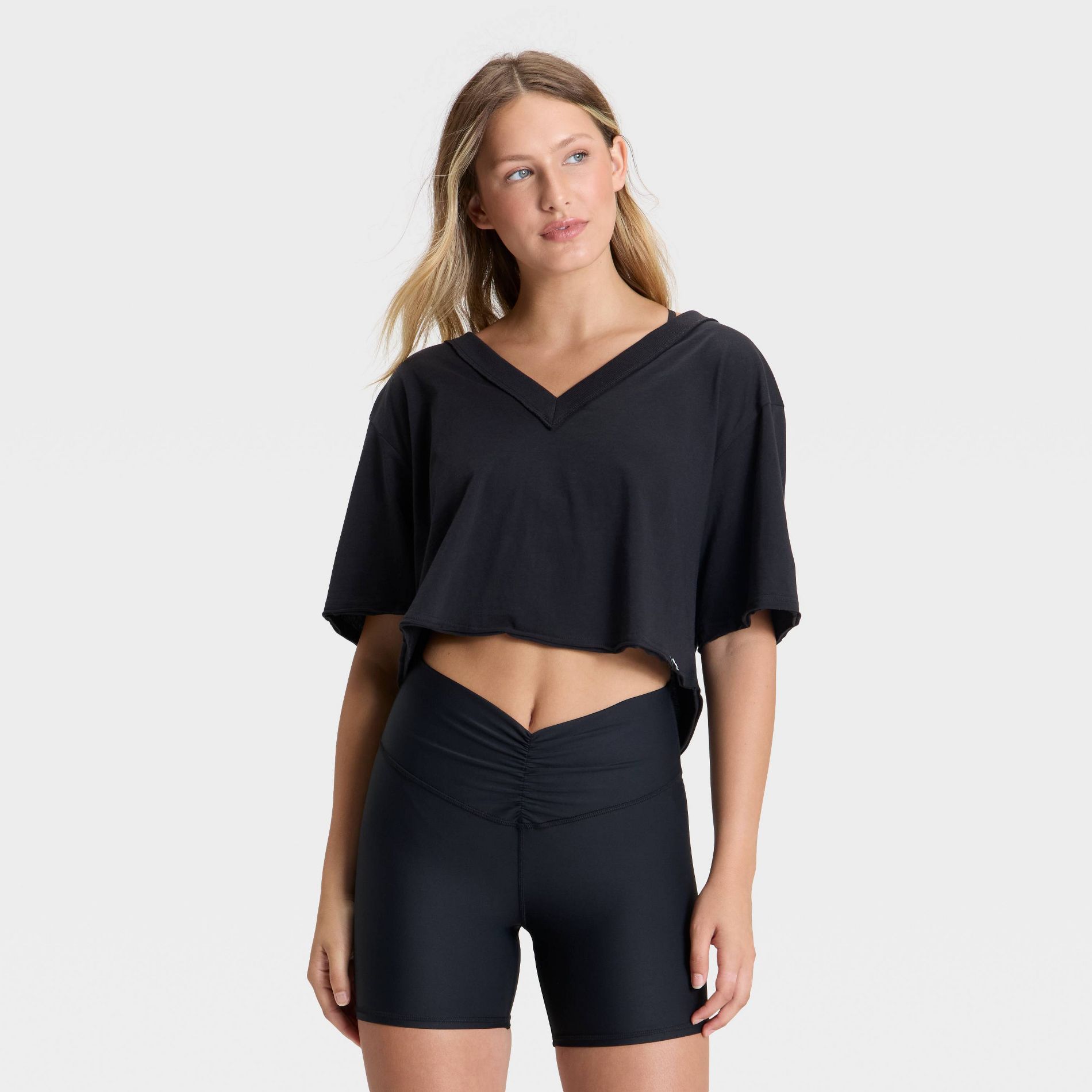 Women's V-Neck Boxy Cropped Short Sleeve Top - JoyLab™