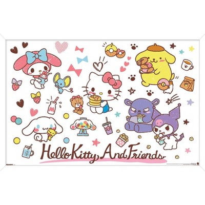 Trends International Hello Kitty and Friends: 25 Snack Time - Group Framed Wall Poster Prints White Framed Version 14.725" x 22.375"