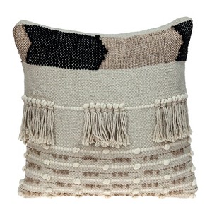 HomeRoots 18" Beige and Gold Striped Cotton Blend Throw Pillow With Fringe - 1 of 4