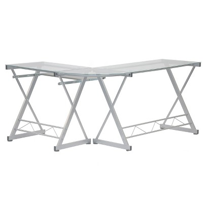Reno Clear L-Shaped Glass Computer Desk with Keyboard Tray