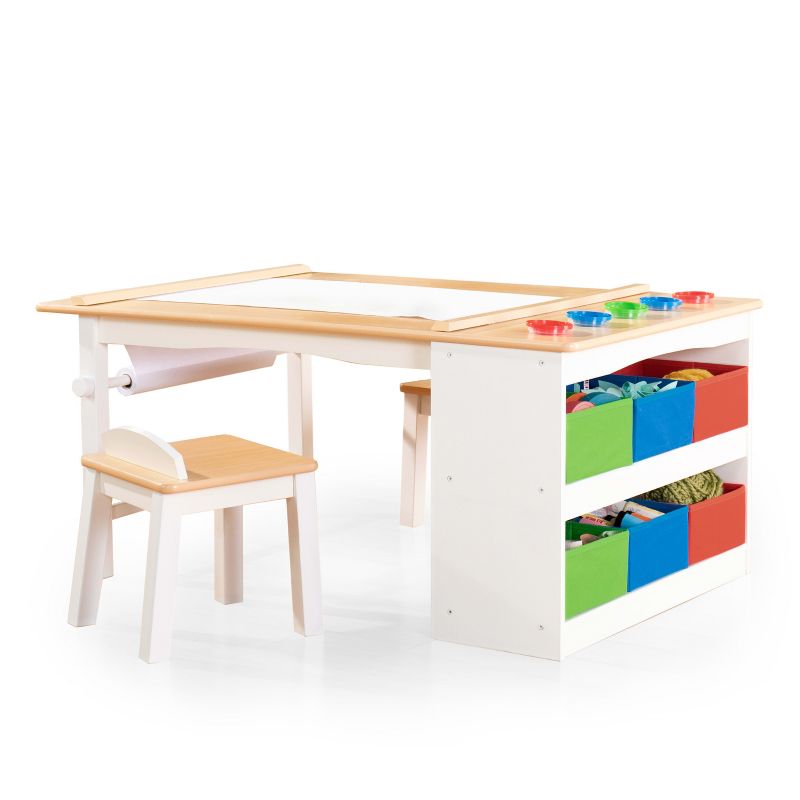 Guidecraft Arts and Crafts Center: Kids' Wooden Activity Table and Art Station with Storage, Stools, Bins, Paper Roll and Paint Cups, 2 of 9