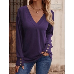 Women's Top V Neck Relaxed Fit Long Sleeve Button Cuff Casual Top - 1 of 4