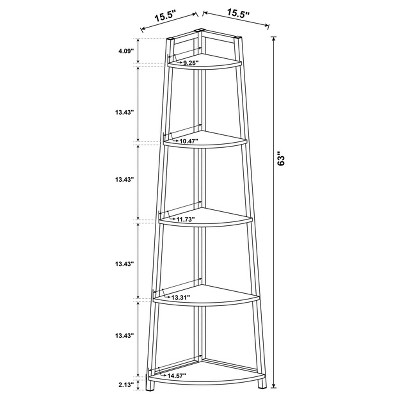 63" Walnut and Black 5-Tier Corner Bookcase