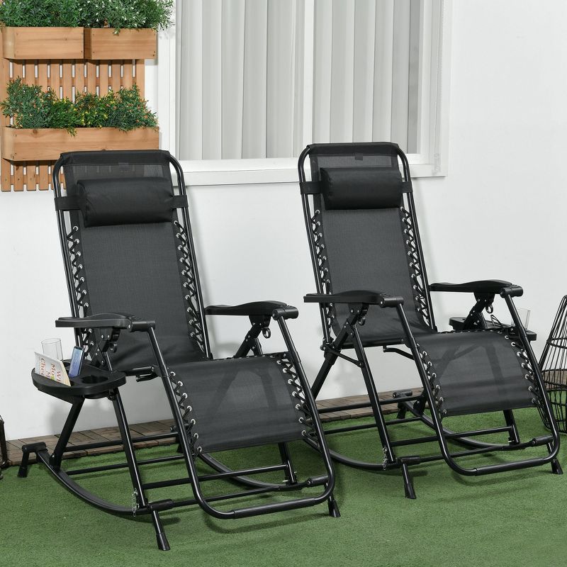 Outsunny 2 Outdoor Rocking Chairs Foldable Reclining Zero Gravity Lounge Rockers w/ Pillow Cup & Phone Holder, Combo Design w/ Folding Legs, Black, 3 of 7