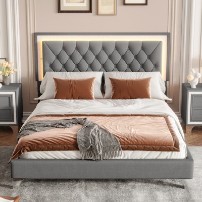 1pc Bed Frame Upholstered Velvet Platform with LED Headboard, No Box Spring Needed, Modern Design for Bedroom - Baofuwish