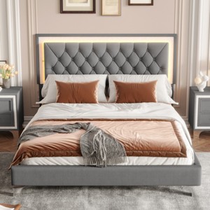 1pc Bed Frame Upholstered Velvet Platform with LED Headboard, No Box Spring Needed, Modern Design for Bedroom - Baofuwish - 1 of 4