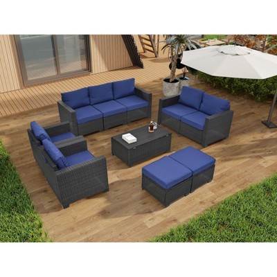 CAVINAS 10-Piece Patio Sofa Set, Rattan Outdoor Patio Conversation Sets with Coffee Table, Modern Outdoor Sectional Furniture for Garden