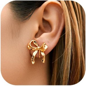 Gold Clip on Earrings for Women 14K Gold Clip-on Earrings Non Piercing Bow Earrings Ribbon Dangle Drop Tassel Chian Statement Earrings Lightweight - 1 of 4