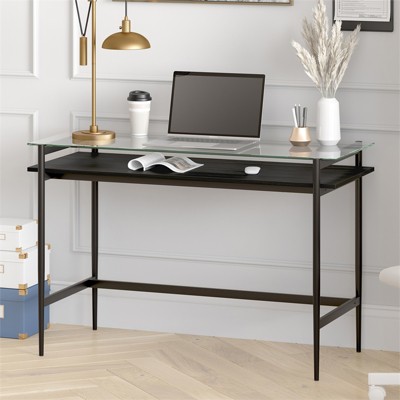 Eaton 46" Blackened Bronze Desk with Glass Top and Woodgrain Shelf