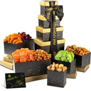 NUT CRAVINGS -  Dried Fruit & Mixed Nuts Gift Basket, in Black Tower + Ribbon (8 Assortments) - 1 of 4