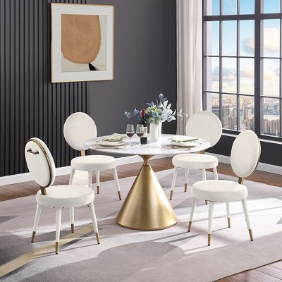 Round Dining Table Set Faux Marble Table and Upholstered Chairs Set for Kitchen Bistro Restaurant-Morden Fort