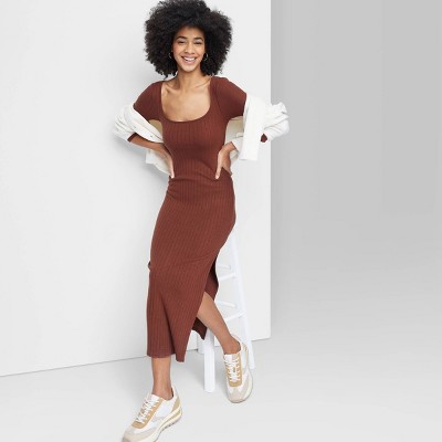 Women's Long Sleeve Rib Knit Midi Dress - Wild Fable™ Dark Brown Xxs :  Target