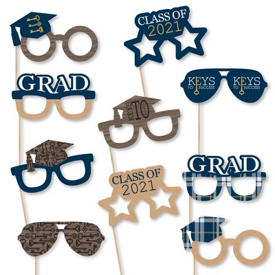 Big Dot of Happiness Grad Keys to Success Glasses - 2021 Paper Card Stock Graduation Party Photo Booth Props Kit - 10 Count