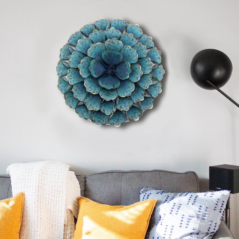 LuxenHome 23.5" Round Teal Blue Flower Metal Wall Decor Art, 3 of 14