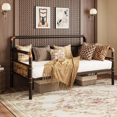 Twin Daybed with Classic Headboard, Metal Bed Frame with Wood Accents, Heavy Duty Steel Slats, Sofa Bed Frame for Living Room, Guest Room, or Bedroom