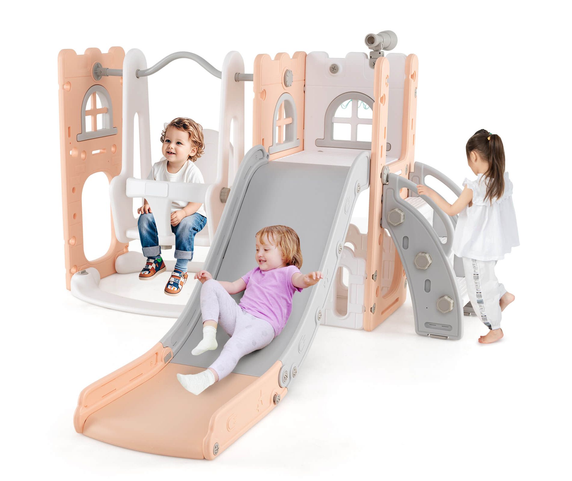 Costway 7-in-1 Toddler Slide & Swing Set Indoor Playground for Kids Age 1-3 Years Old Pink+Gray